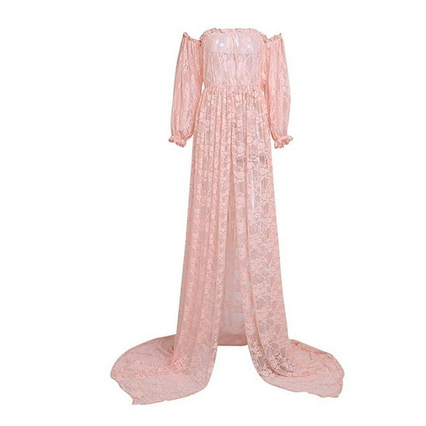 ZIUMUDY Womens Strapless See Through Lace Maternity Photography Gown Split Front Tube Dress